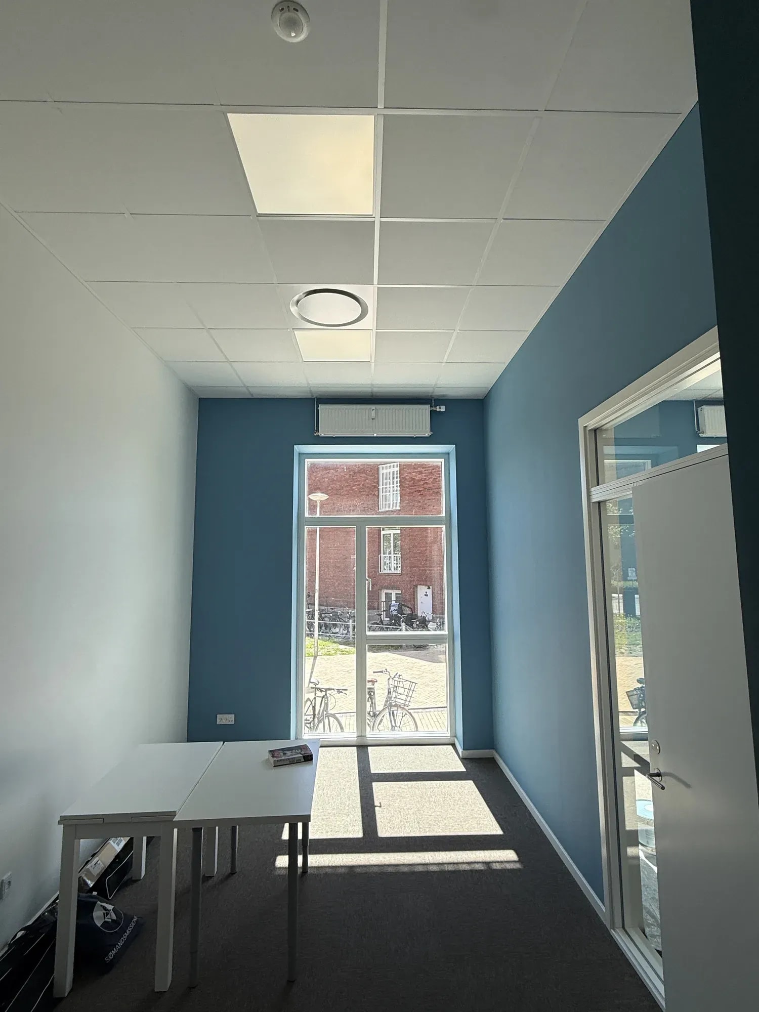 Kontor med blå vægge og hvidt loft set mod vinduespartiet i Aarhus N